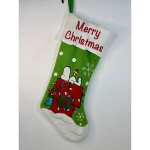 PEANUTS Snoopy &‎ Woodstock Christmas Stocking EUC 18" Green Felt